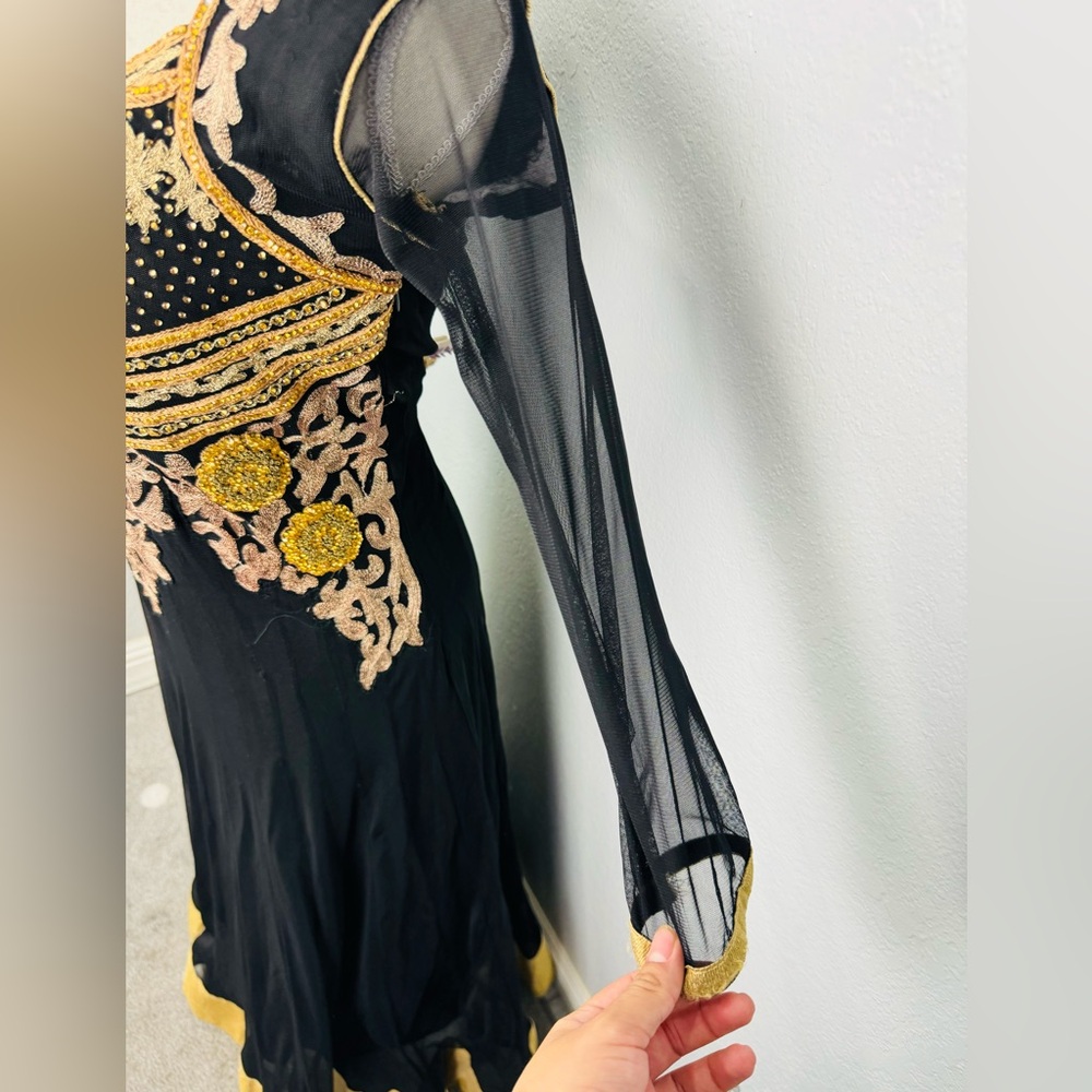 Vintage Middle eastern Pakistan Mesh Gold Long Sleeve Embroidered Tulle Dress - Picture 4 of 6
